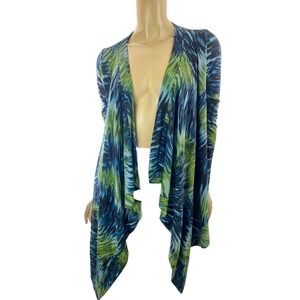Adrienne Vittadini Size S Open Front Cardigan Top Ruana Blue & Green Long Sleeve
